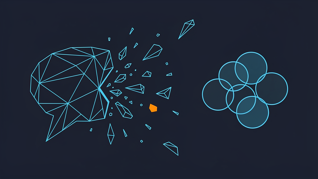 Editorial illustration: a wireframe speech bubble shattering apart from a cluster of overlapping circles on a dark navy background